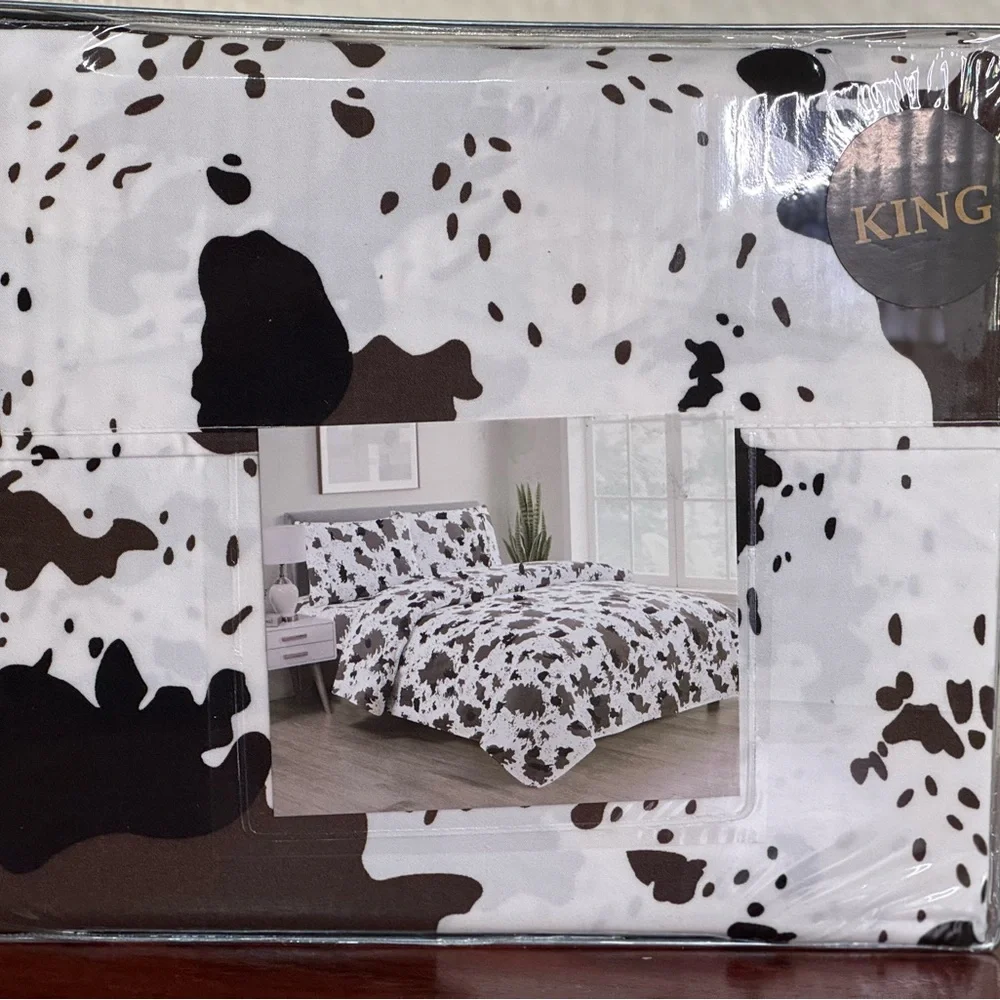 Brand new 4PCS king size sheet set deep pocket Cow print Black Brown White